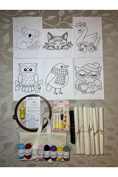 ZİORA HOME BEZ ÇANTA HEDİYELİ, 6 ŞABLON, BOL İPLİ, HAYVAN KARAKTER ŞABLONLU P...