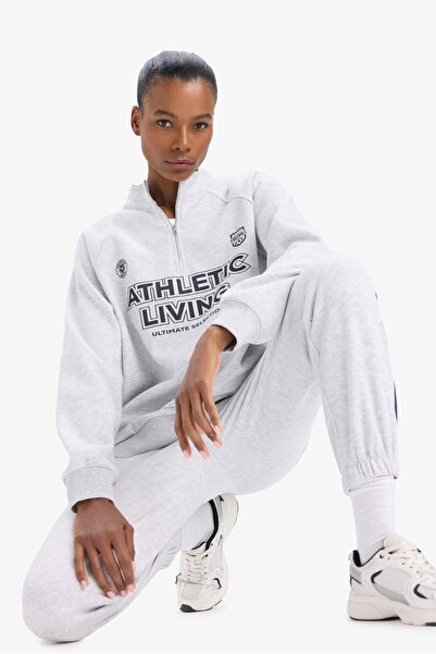 DeFacto Oversize Geniş Kalıp Dik Yaka Baskılı Sporcu Sweatshirt D7754AX25SP