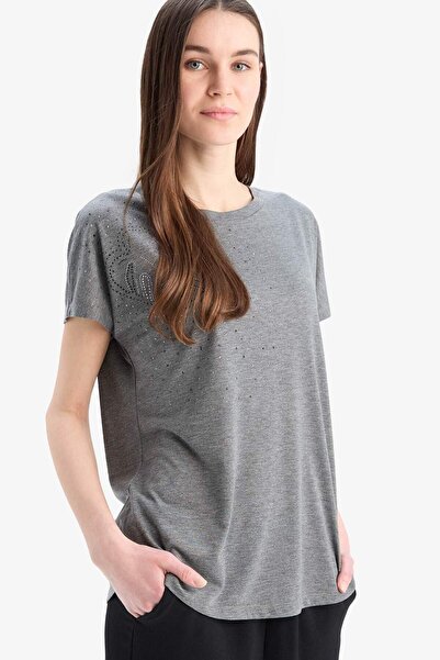 DeFacto Kurzarm-T-Shirt mit Rundhalsausschnitt und Steindruck E9333AX25SM