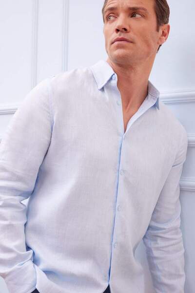 DeFacto 100% лен, редовна кройка, поло яка, лятна базова, едноцветна, с дълъг...