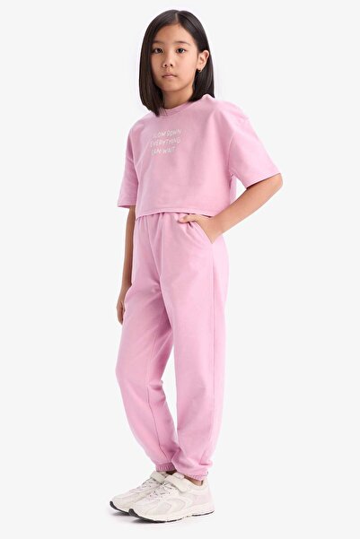 DeFacto 2li Takım Baskılı Kısa Kollu Tişört Beli Lastikli Eşofman Altı Kız Ço...