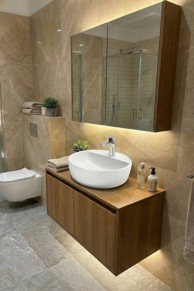 AdnDesing Banyo Dolabı-Asma 2 Kapaklı-Ahşap Mdf 75 Cm -Alt Dolabı -Aynalı Üst...