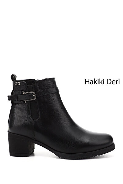 GÖNDERİ(R) حذاء نسائي أسود من الجلد الطبيعي بسحاب وكعب سميك