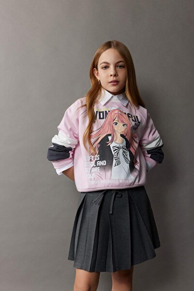 DeFacto Hanorac cu imprimeu Relax Fit cu gât crew pentru fete E0460A825SP