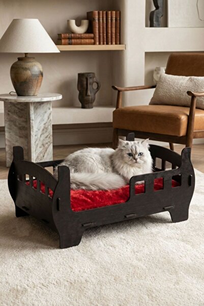 Evene Büyük Kedi Yatağı Dekoratif Ahşap Dayanıklı Siyah Renk Beşik Karyola Model