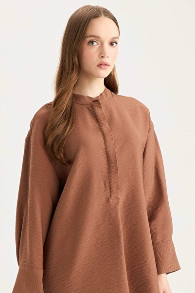 DeFacto Relax Fit Hakim Yaka Basic Düz Uzun Kollu Gömlek Tunik E1757AX25SP