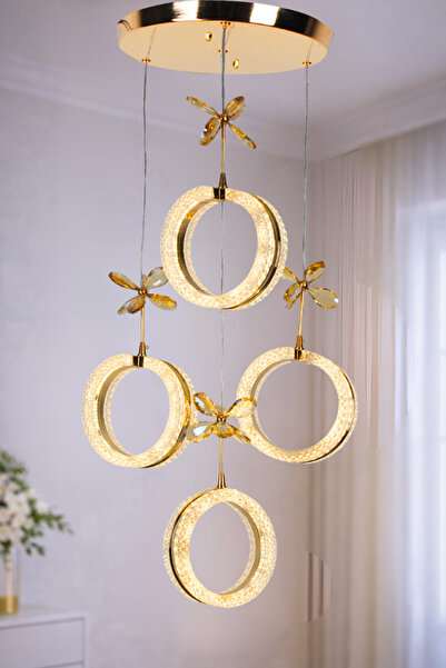 EY-EL TASARIM 4'LÜ ALYANS GOLD 3 RENK MODLU KRİSTAL TAŞLI LEDLİ AVİZE