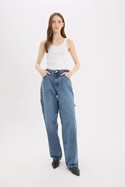 DeFacto Baggy Fit Jeans mit hoher Taille und geradem Bein, lange Jeanshose D7...