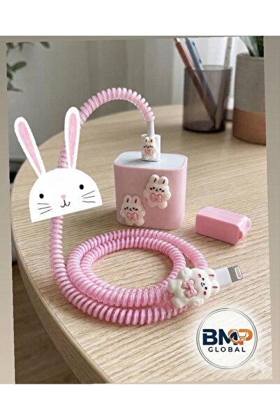 BMP MARKET Tavşan Figürlü Şarj Adaptör ve Kablo Koruyucu Full Set (Type-C Kab...
