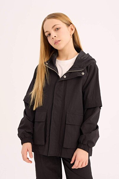 DeFacto Pelerină de ploaie cu glugă, cu fermoar și buzunare pentru fete D6934...