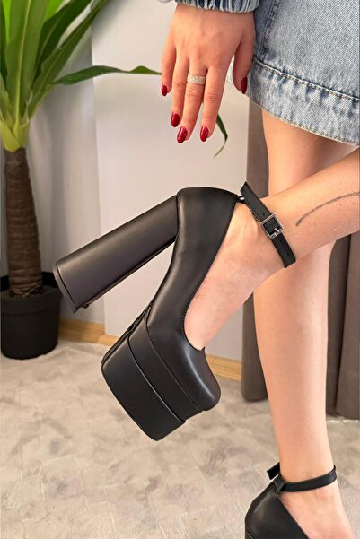 Preshley Kadın Sophia Siyah Deri 15 cm Platform Topuklu Ayakkabı