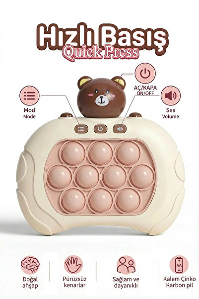 BBSKY Ayıcıklı Işıklı Ve Sesli Pilli Popit Egitici Oyuncak Sevimli Push Pop K...