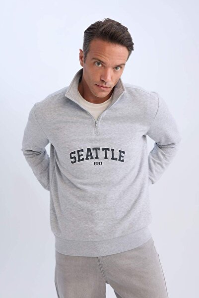 DeFacto Hanorac gros imprimat cu guler în picioare Relax Fit cu fermoar D4715...