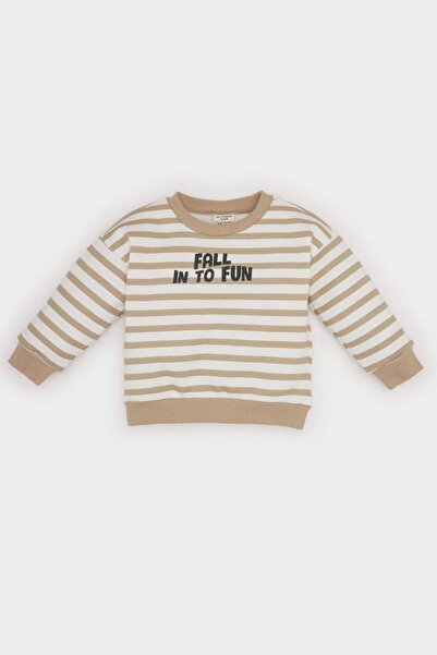 DeFacto Bisiklet Yaka Baskılı İçi Yumuşak Tüylü Çizgili Sweatshirt Erkek Bebe...