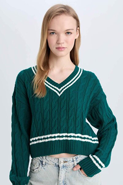 DeFacto Hair Braided V-Neck Striped Knitwear Sweater - Regular Fit C7321Ax24Wn