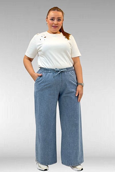 Eslina 29000 Büyük Beden Bol Paça Kot Pantolon - Mavi