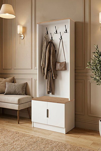 benim odam Diva Ayakkabılıklı Portmanto ve 5 Adet Askılık Ünitesi Düz Beyaz