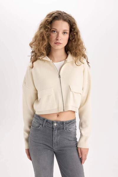 DeFacto Regular Fit Hooded Basic Plain Zippered Knitwear Cardigan E2270Axns