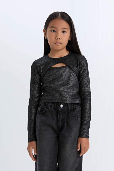 DeFacto Tricou cu mânecă lungă pentru fete, slim fit, cu decolteu rotund, din...