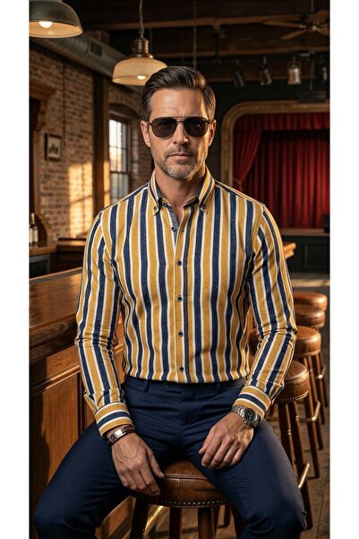 MEGALDİ Erkek Slim Fit Kesim Sarı Lacivert Çizgili Uzun Kollu Gömlek