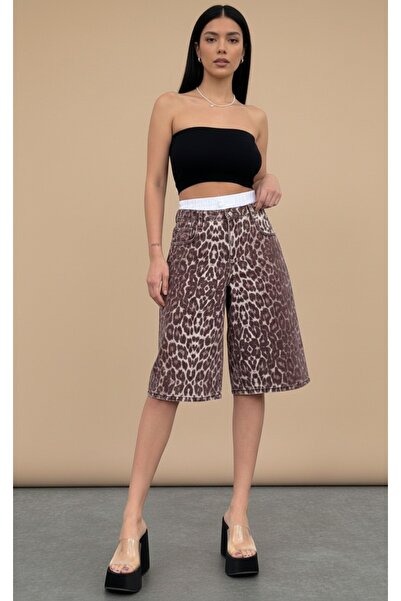 HerTon Leopar Desenli Yüksek Bel Denim Şort