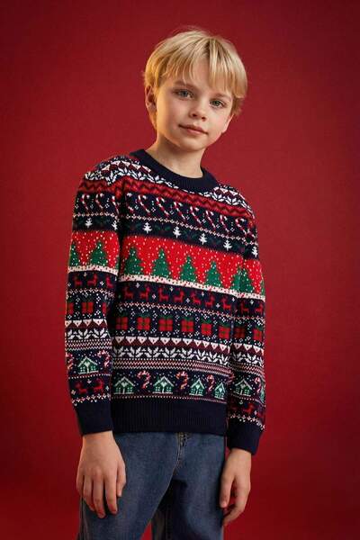 DeFacto Pulover tricotat cu gâtul rotund, cu tematică de Anul Nou, pentru băi...