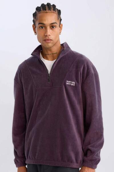 DeFacto Comfortable Stand Collar Printed Fleece Sweatshirt - Comfort Regular ...