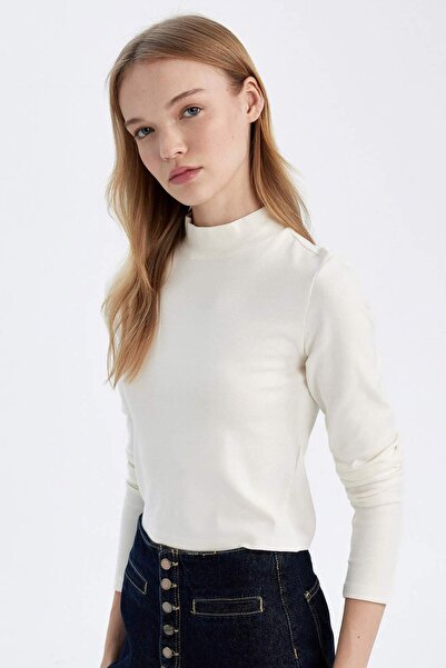 DeFacto Fitted Bodycon Half Turtleneck Modal Basic Plain Long Sleeve Black T-...