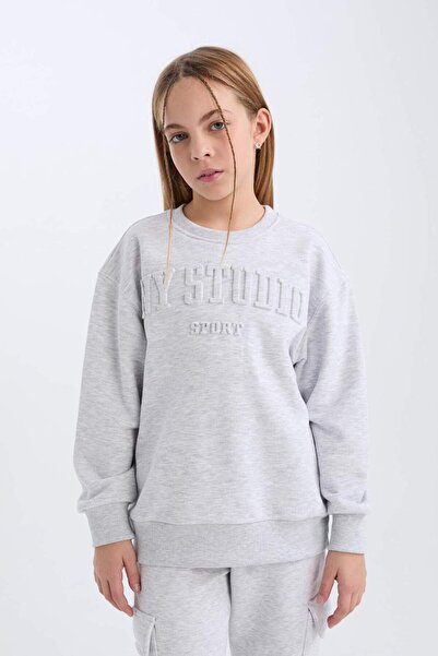 DeFacto Hanorac gri cu imprimeu tip crewneck pentru fete D6628A824AU
