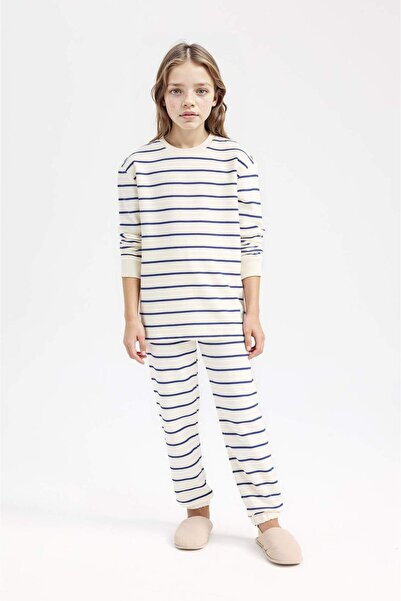 DeFacto Pajama Set Striped Long Sleeve Top Elastic Waist Long Bottom Girls D7...