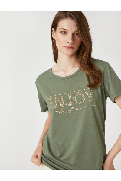 Koton Πέτρινο T-shirt με κοντομάνικο λαιμόκοψη