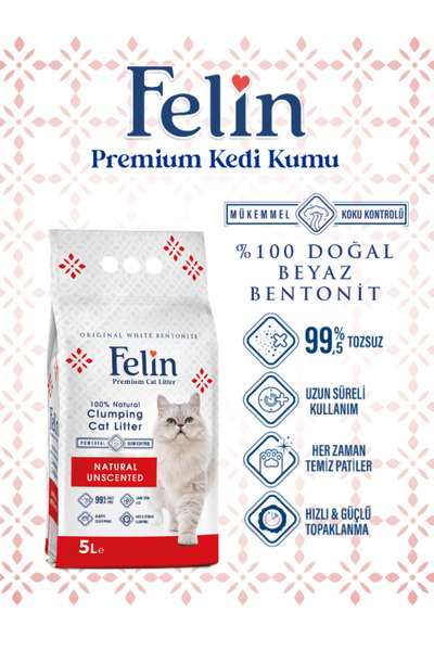 FELİN Natural Doğal Kokusuz Topaklanan Ince Taneli Kedi Kumu 5 Lt