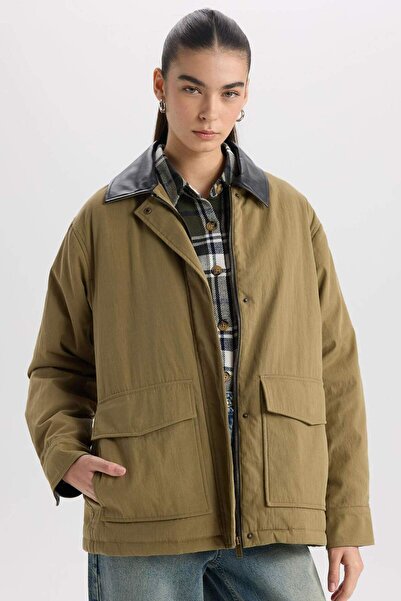 DeFacto Polo Collar Coat Zipper Snap Pocket Seasonal Cotton D6745Ax24Au