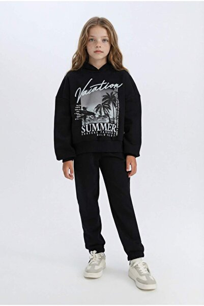 DeFacto طقم بناتي مكون من قطعتين، سويت شيرت مطبوع عليه غطاء للرأس، خصر مطاطي،...