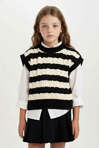 DeFacto Çizgili Bisiklet Yaka Örgü Desenli Triko Süveter Kız Çocuk C9657A824WN