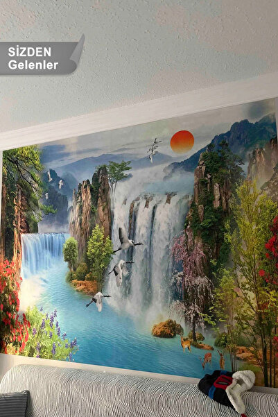dreamwall Çiçekler, Şelale ve Gün Manzara Tasarımlı Duvar Kağıdı-Manzara Dese...