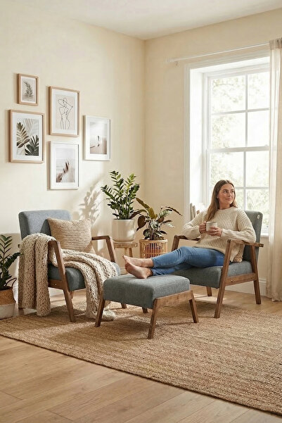 Zem Pavia Çay Seti Ceviz Ahşap, Gri(2ADET TEKLİ BERJER 1ADET PUF)ofis,balkon,...