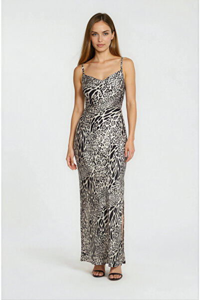 Spazio İvanio İnce Askılı Degaje Yaka Balık Yırtmaçlı Uzun Abiye Elbise GRİ