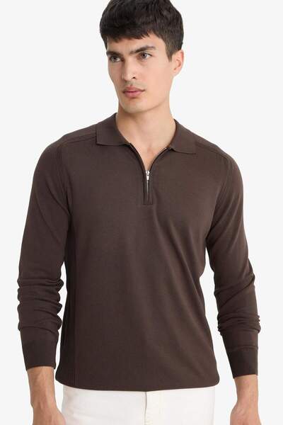 DeFacto Brown Standard Fit Regular Cut Zippered Polo Collar Knitwear Sweater ...