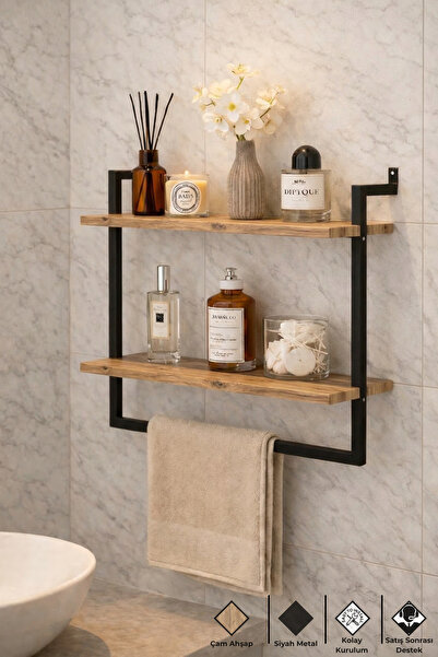 Euromob 60x20 cm Banyo Rafı Duvara Monte Havluluk 2 Katlı Dekoratif Düzenleyi...