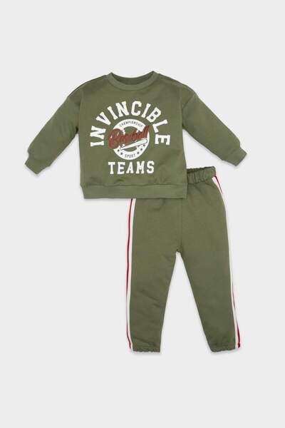 DeFacto Baby Boy Text Printed Cotton Sweatshirt Tracksuit Top and Bottom Set