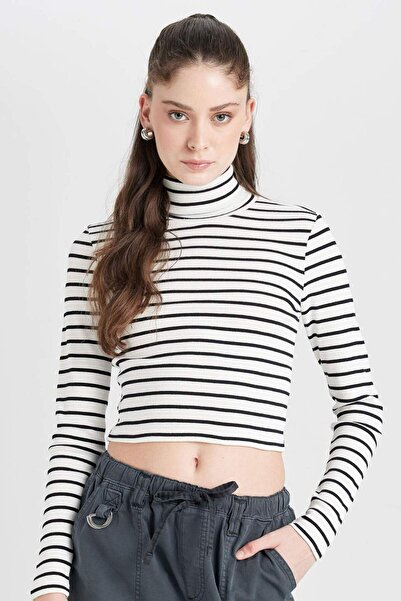 DeFacto Fitted Striped Corded Fabric Ribbed Knit Turtleneck Long Sleeve T-Shi...