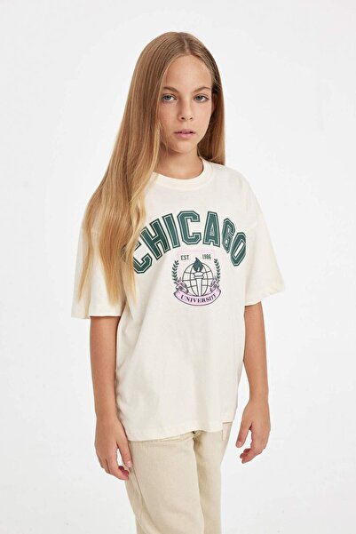 DeFacto Girls Oversize Wide Fit Crew Neck Letter Printed Short Sleeve School ...