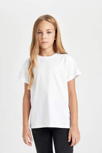 DeFacto Tricou cu mânecă scurtă pentru fete, cu croiala normală, cu decolteu,...