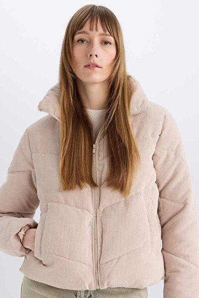 DeFacto Palton din catifea impermeabil cu guler înalt, buzunare și fermoar A0...