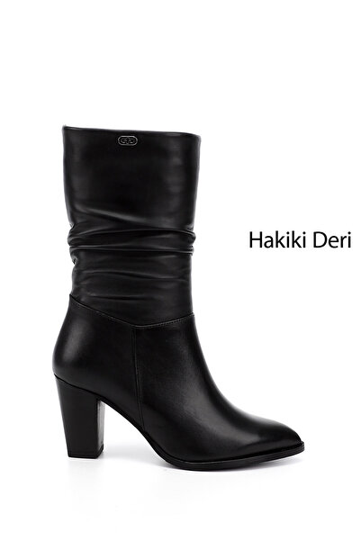 GÖNDERİ(R) Kadın Siyah Sivri Burun Körüklü Kalın Topuklu Hakiki Deri Çizme