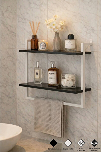 Euromob 60x20 cm Banyo Rafı Duvara Monte Havluluk 2 Katlı Dekoratif Düzenleyi...