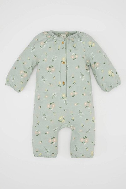DeFacto Baby Girl Newborn Green Buttoned Floral Print Long Sleeve Jumpsuit D4...