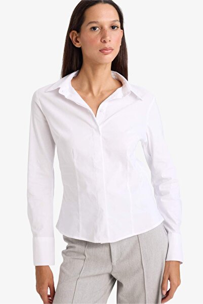 DeFacto Regular Fit Bengalin Dokuma Uzun Kollu Basic Düz Beyaz Gömlek I5278AZ...