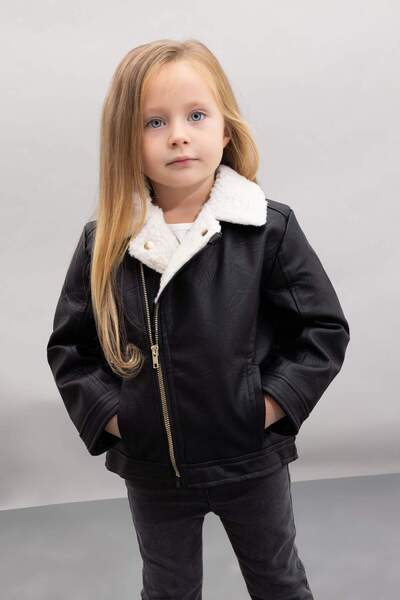 DeFacto Baby Girl Waterproof Plush Lined Pocketed Zippered Faux Leather Coats...